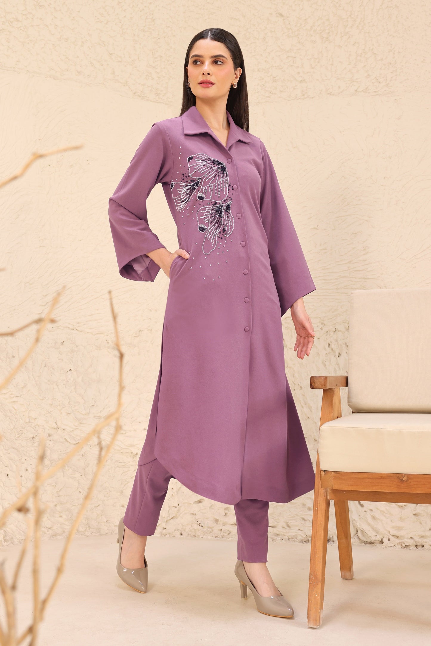 Glasswing Asymmetric Kurta Set - MAUVE
