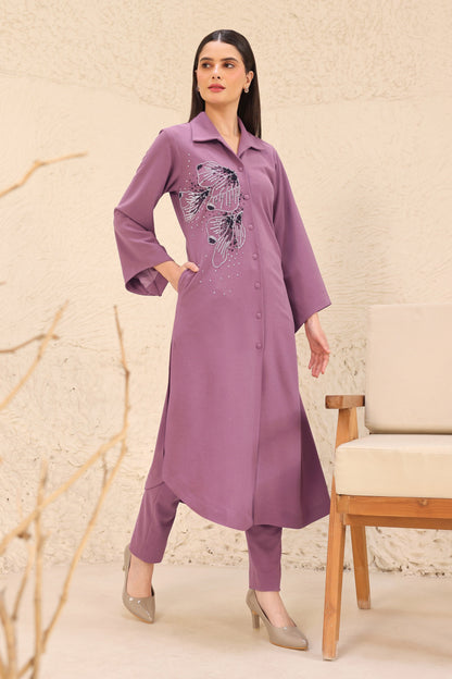 Glasswing Asymmetric Kurta Set - MAUVE