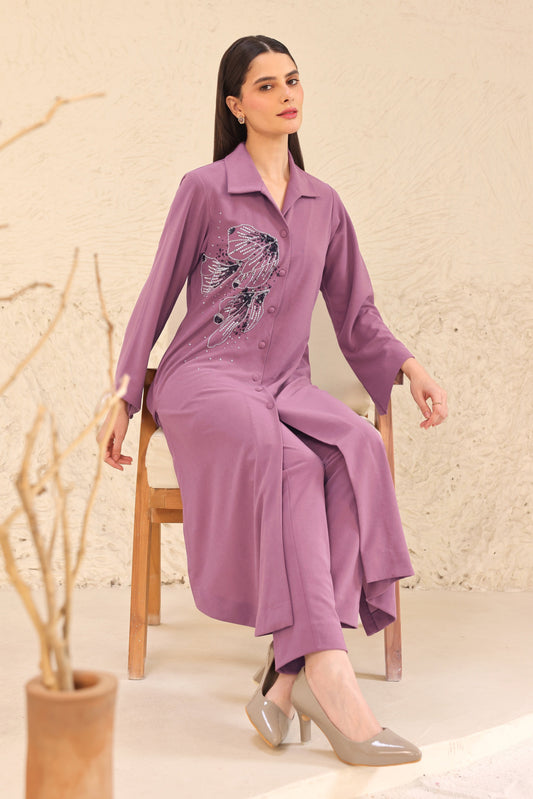 Glasswing Asymmetric Kurta Set - MAUVE