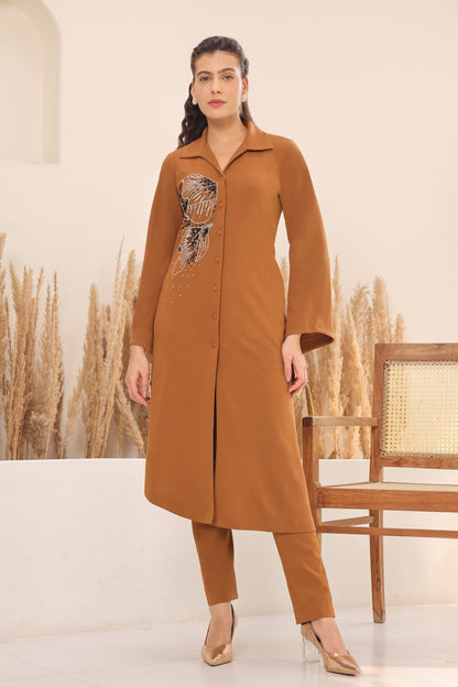 Glasswing Asymmetric Kurta Set - CAMEL