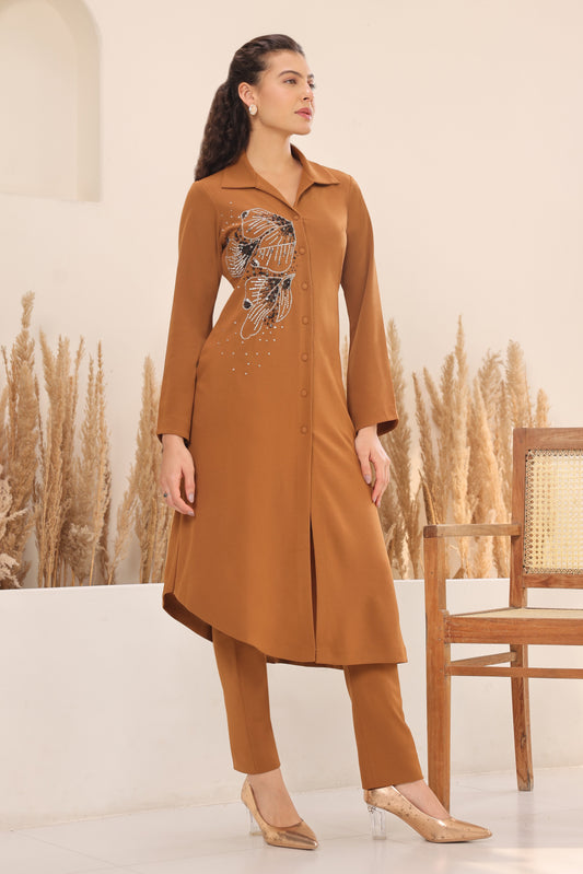 Glasswing Asymmetric Kurta Set - CAMEL