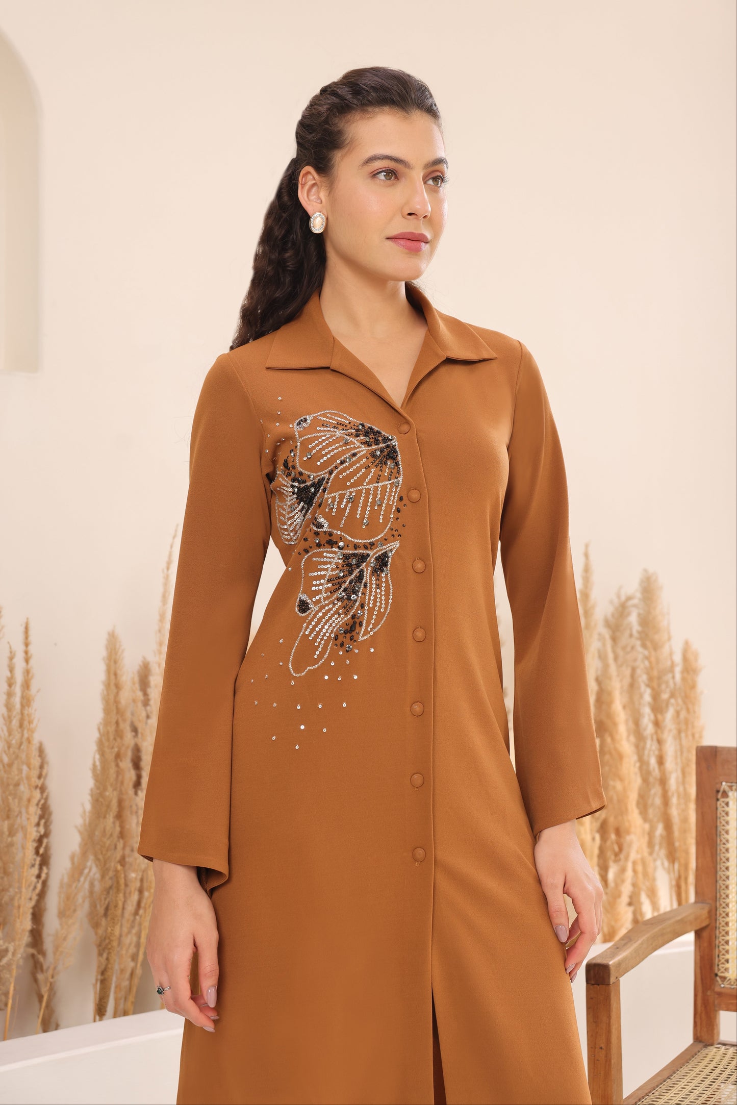 Glasswing Asymmetric Kurta Set - CAMEL