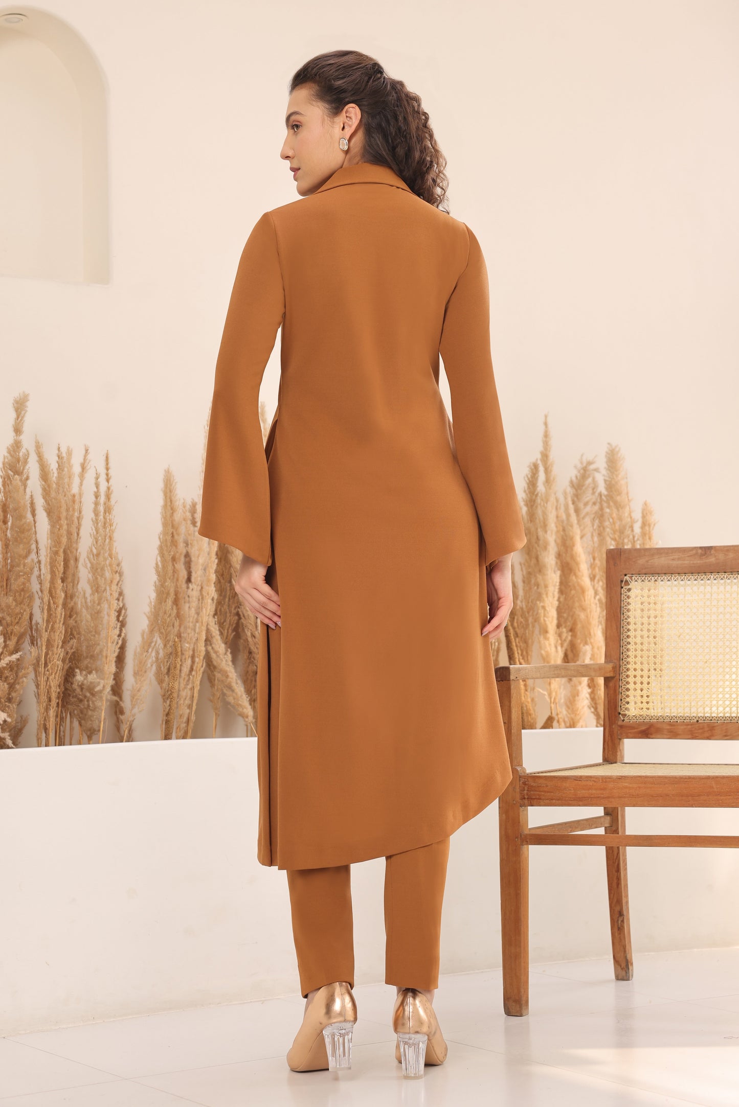 Glasswing Asymmetric Kurta Set - CAMEL