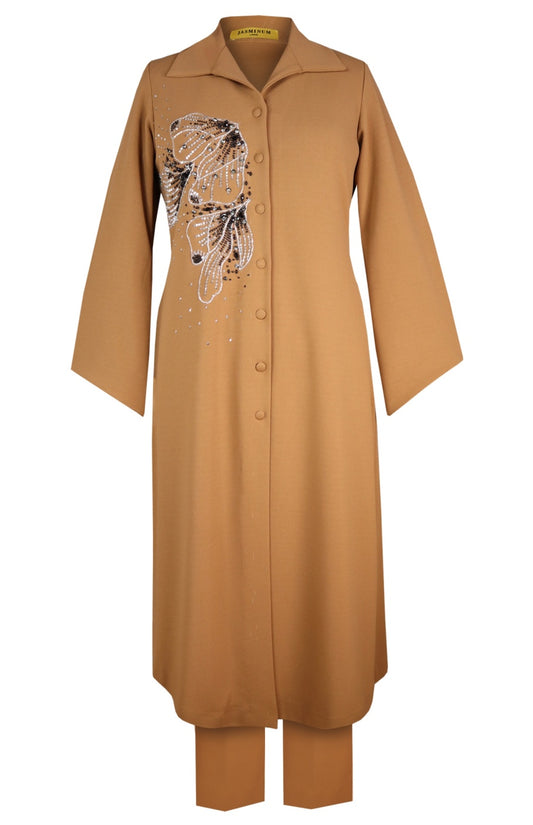 Glasswing Asymmetric Kurta Set - CAMEL