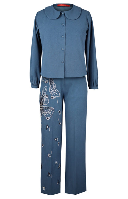 Glasswing Co-ord Set With Embroidered Pants - INDIGO