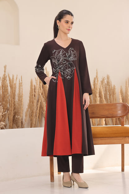 Glasswing Godets Kurta Set - BROWN