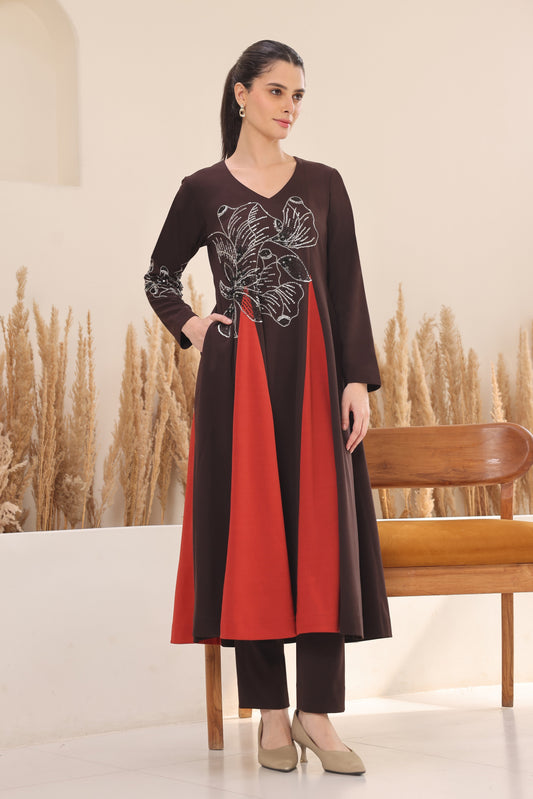 Glasswing Godets Kurta Set - BROWN