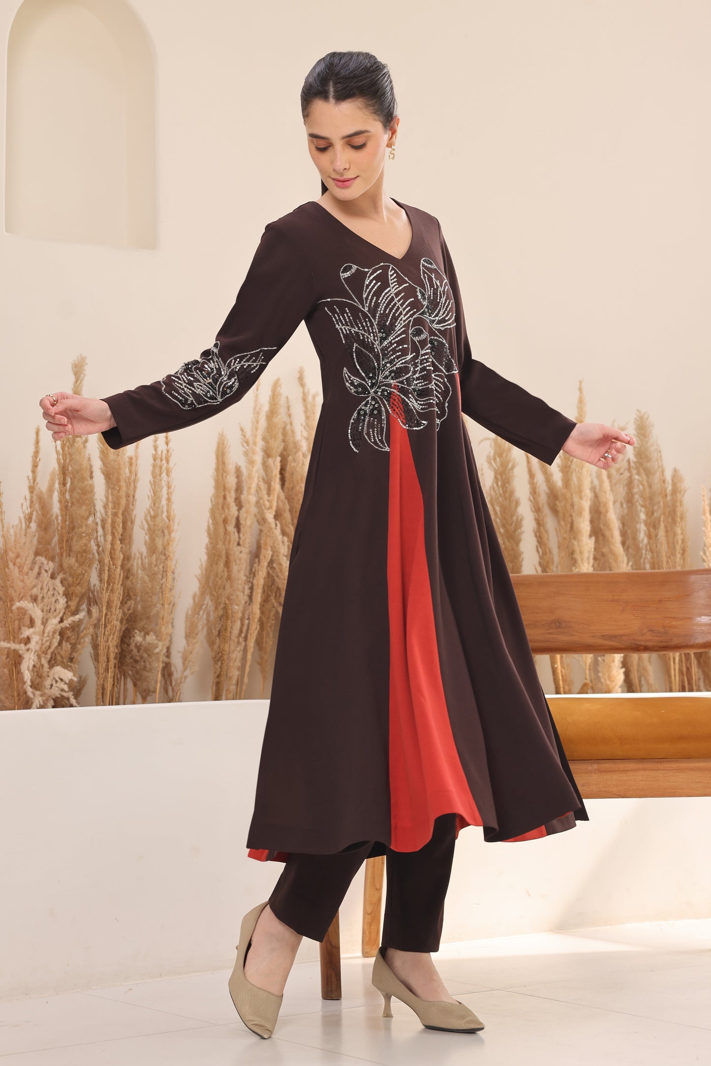 Glasswing Godets Kurta Set - BROWN