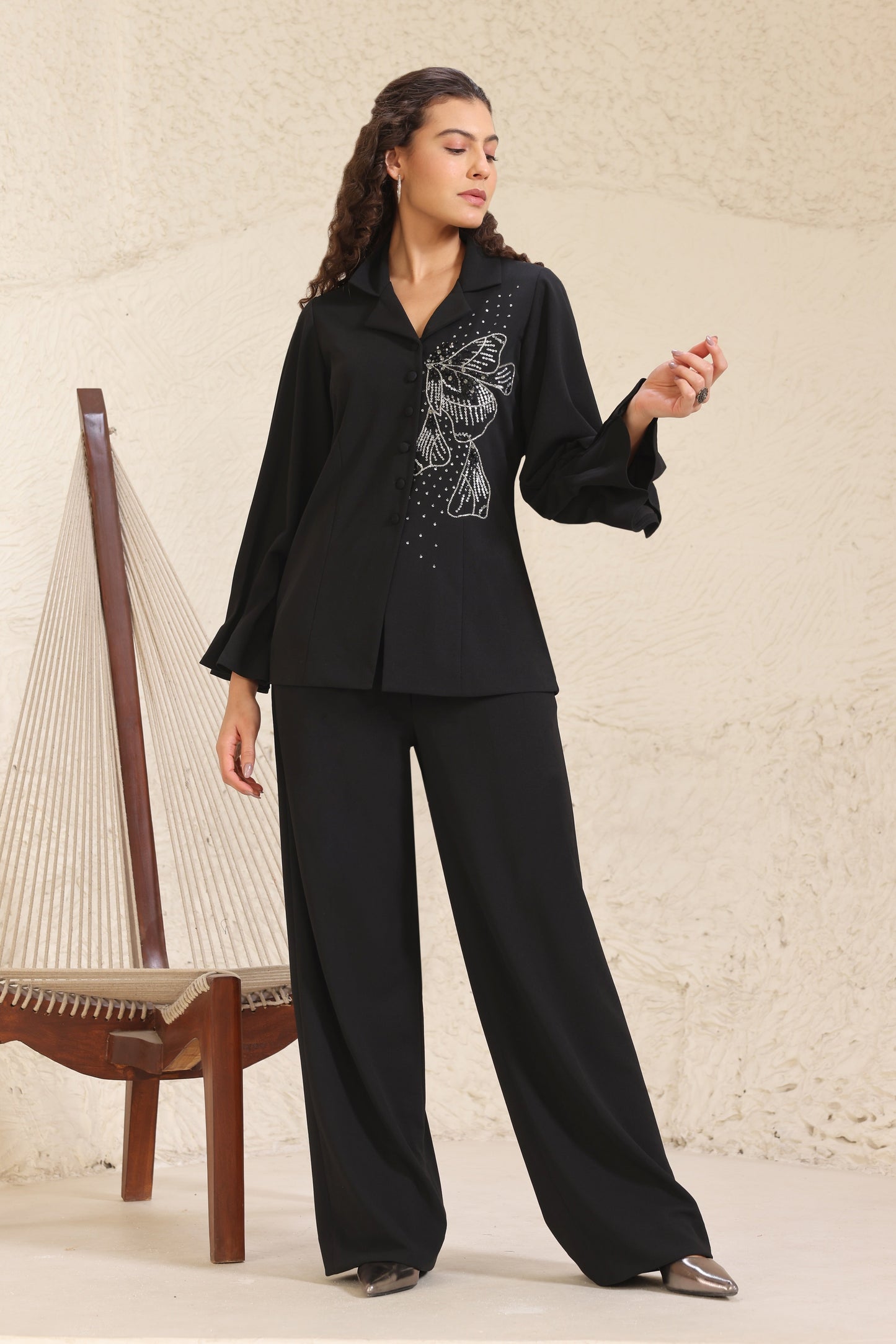 Glasswing Split Button Co-ord Set - BLACK