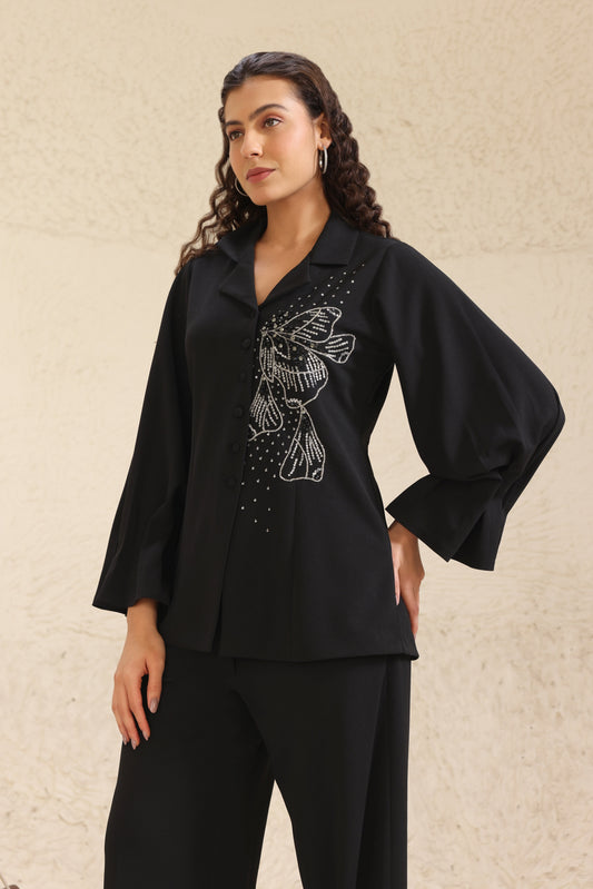 Glasswing Split Button Blazer - BLACK