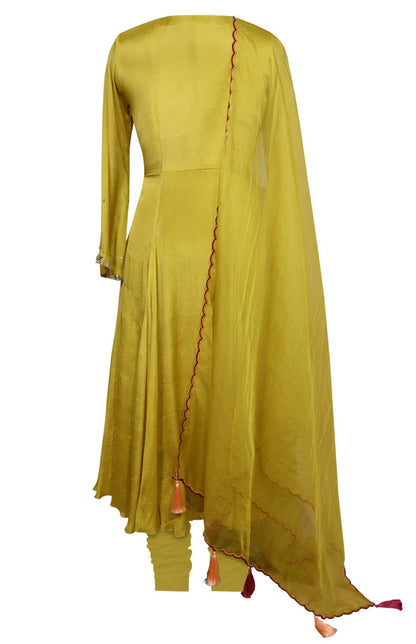 Chiffon Anarkali With French Knots - GOLDEN OLIVE