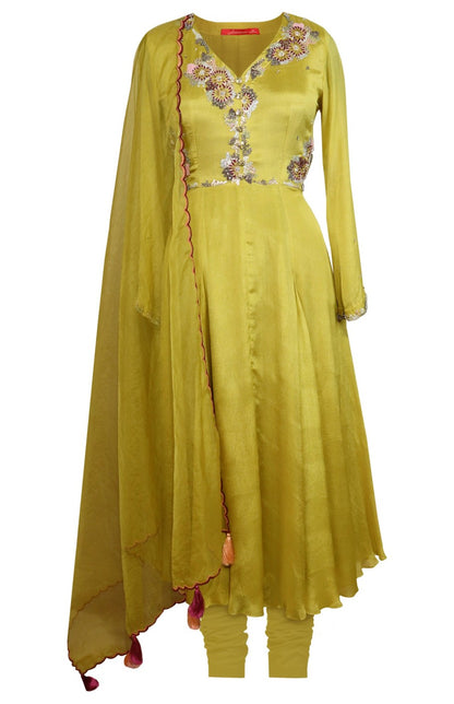 Chiffon Anarkali With French Knots - GOLDEN OLIVE