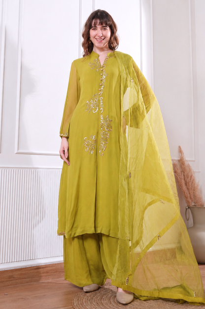 Georgette Kalidar Suit With Mukaish Embroidery - BOTTLE GREEN