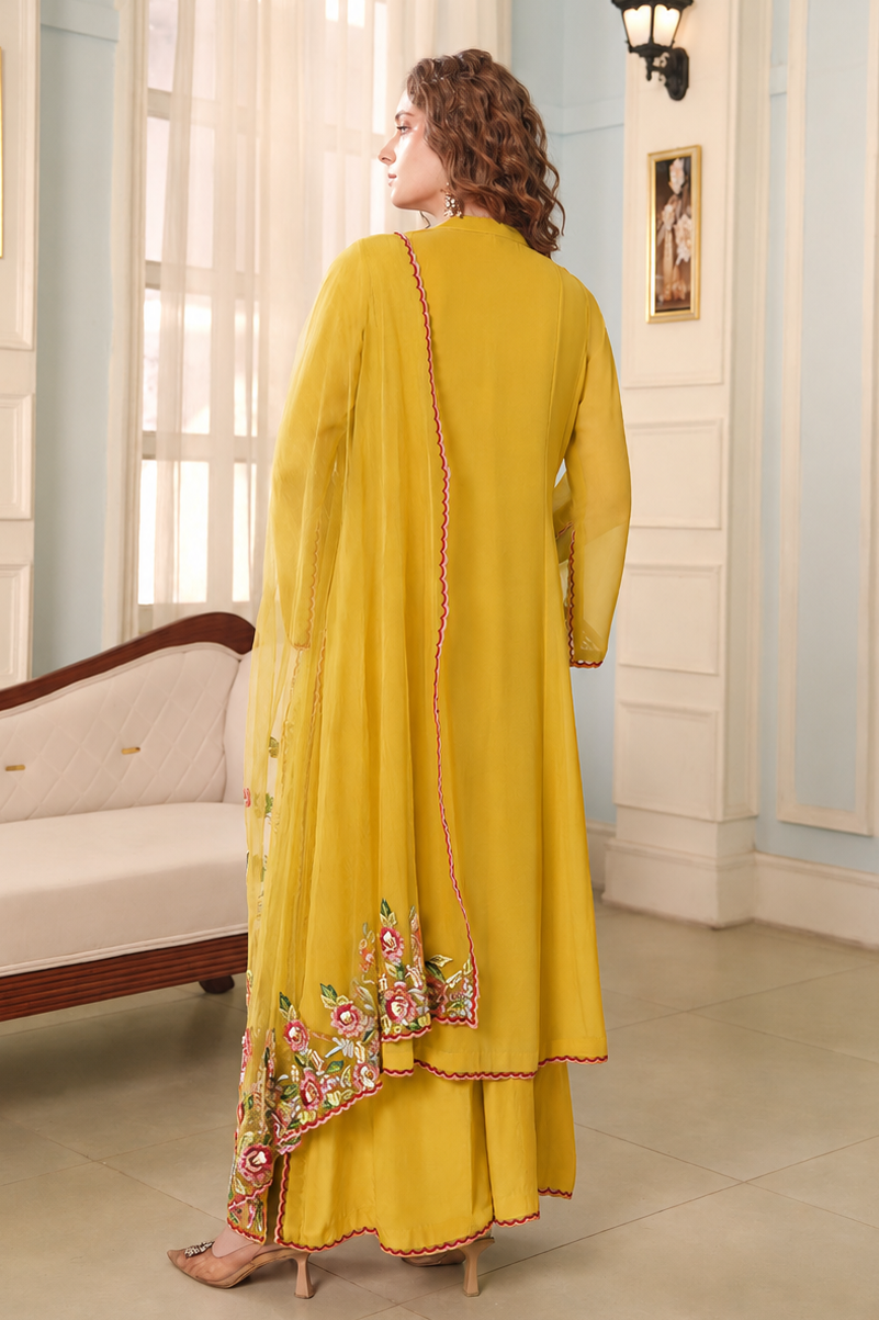 Georgette Kalidar Suit With Thread Embroidery - GOLDEN OLIVE