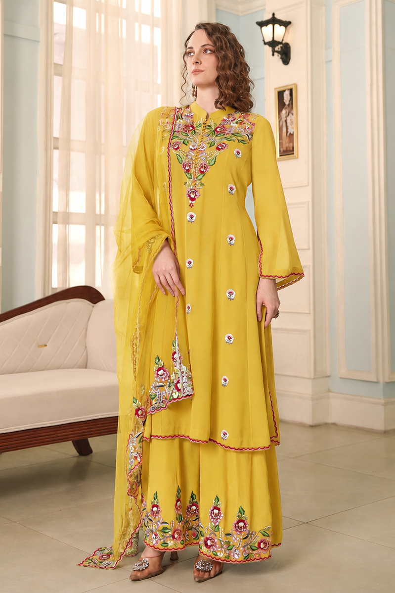 Georgette Kalidar Suit With Thread Embroidery - PEACH