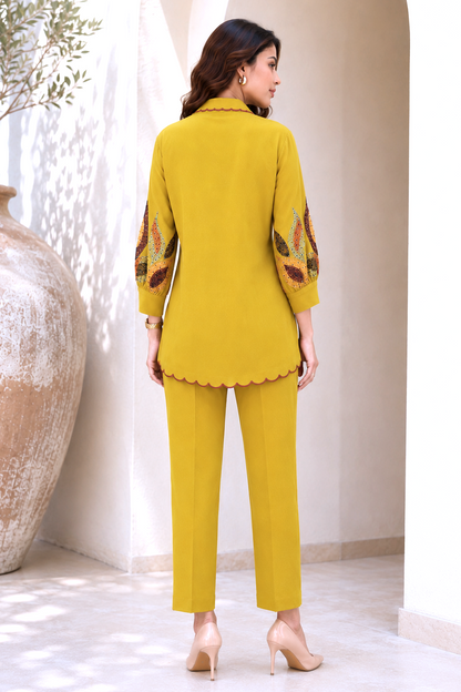 Kantha Embroidery U-Cut Co-ord Set - GOLDEN OLIVE