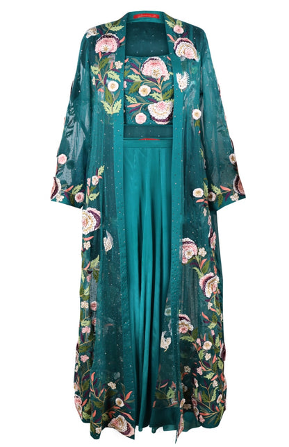 3D Embroidery 3 Piece Set With Long Jacket - TEAL