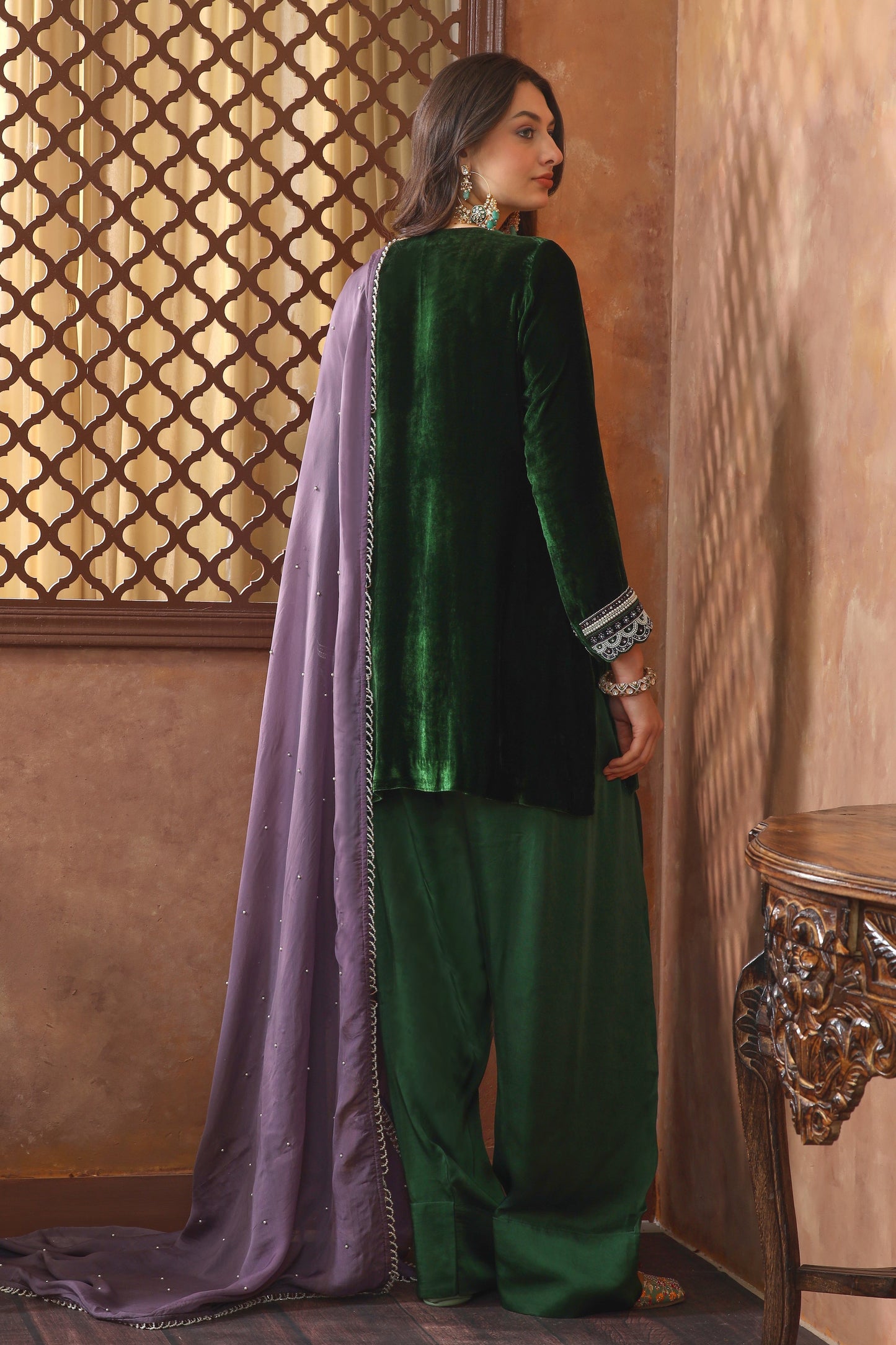 Silk Velvet Farshi Suit With Pearl Embroidery - BOTTLE GREEN