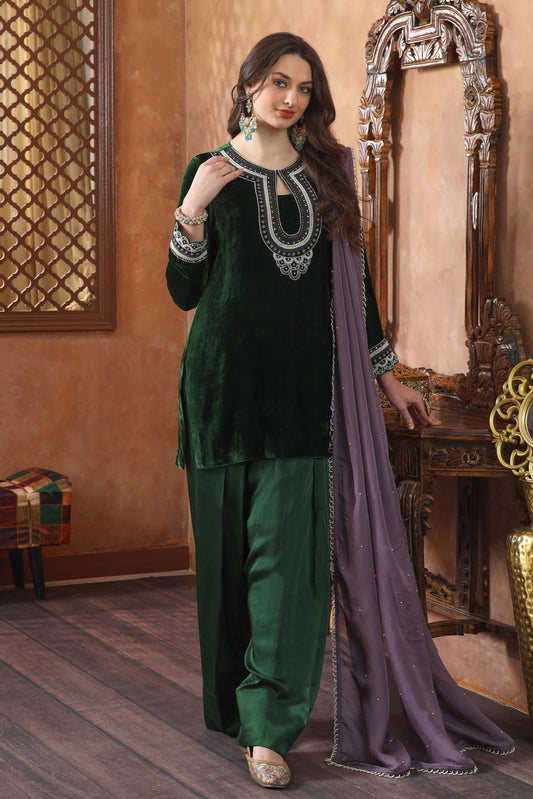Silk Velvet Farshi Suit With Pearl Embroidery
