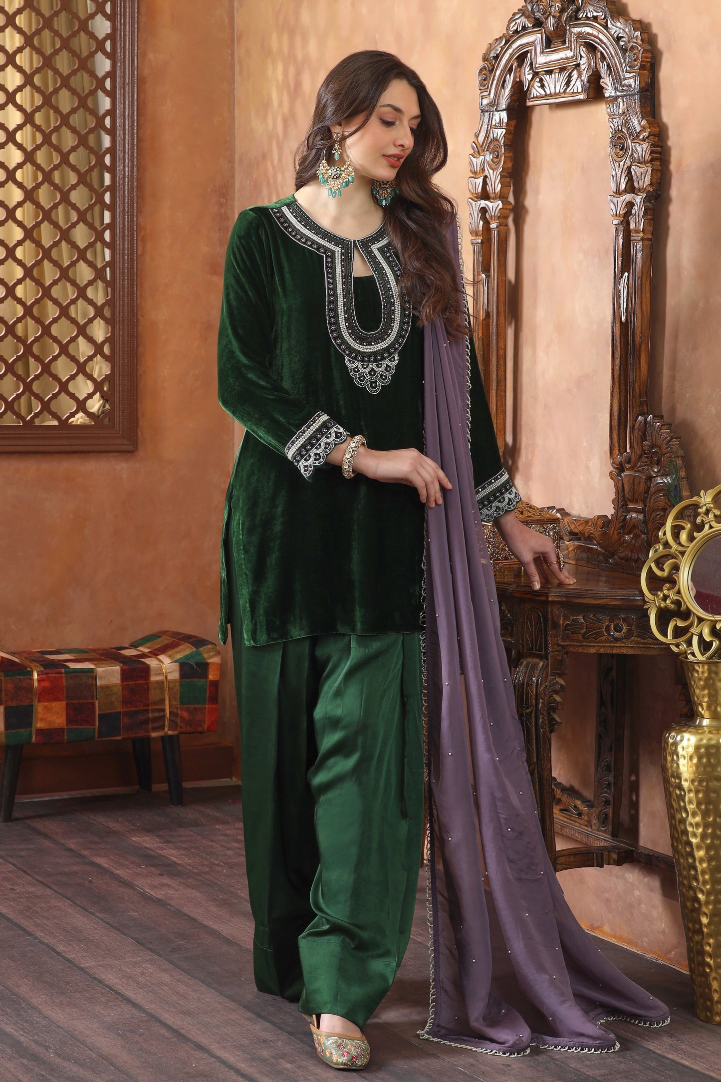 Silk Velvet Farshi Suit With Pearl Embroidery - BOTTLE GREEN