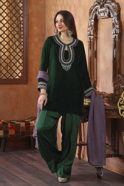 Silk Velvet Farshi Suit With Pearl Embroidery - BOTTLE GREEN