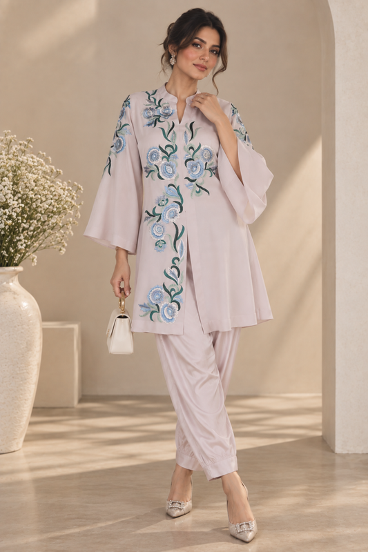 Oyster Co-ord Set With Salwar - GREIGE