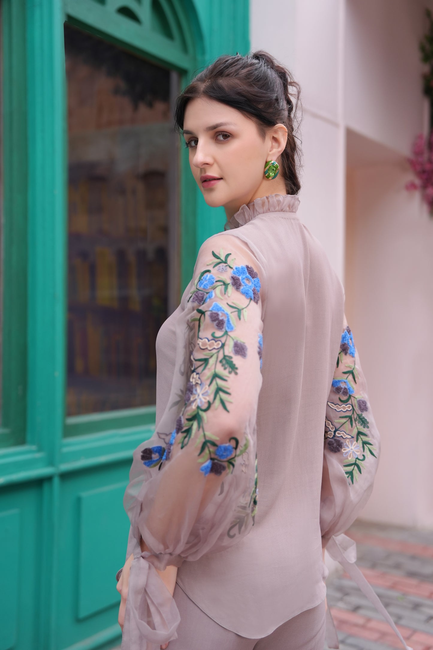 Kashmiri Emb Bishop Sleeves Top - GREY