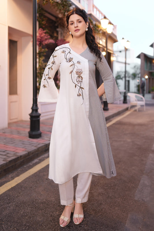 Tulips Striped Kurta Set - WHITE/GREY