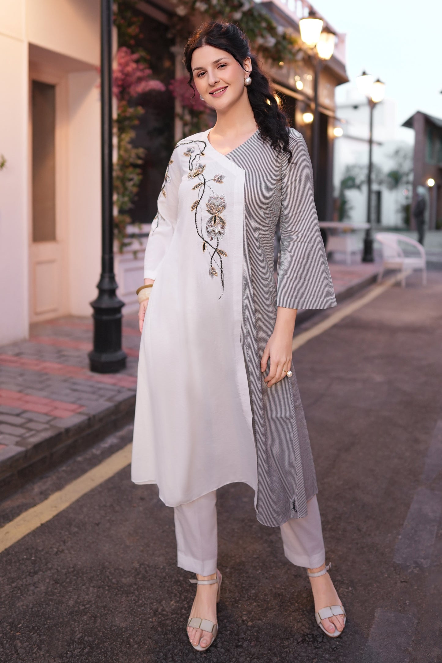 Tulips Striped Kurta Set - WHITE/GREY
