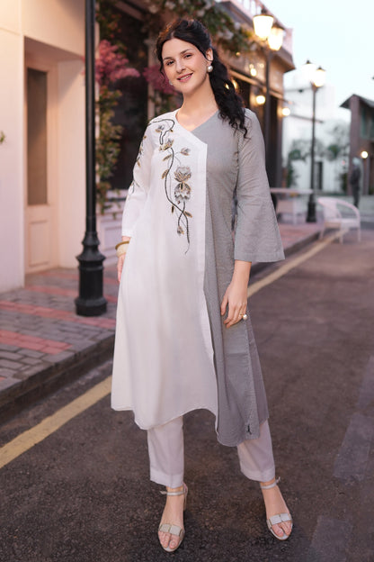 Tulips Striped Kurta Set - WHITE/GREY