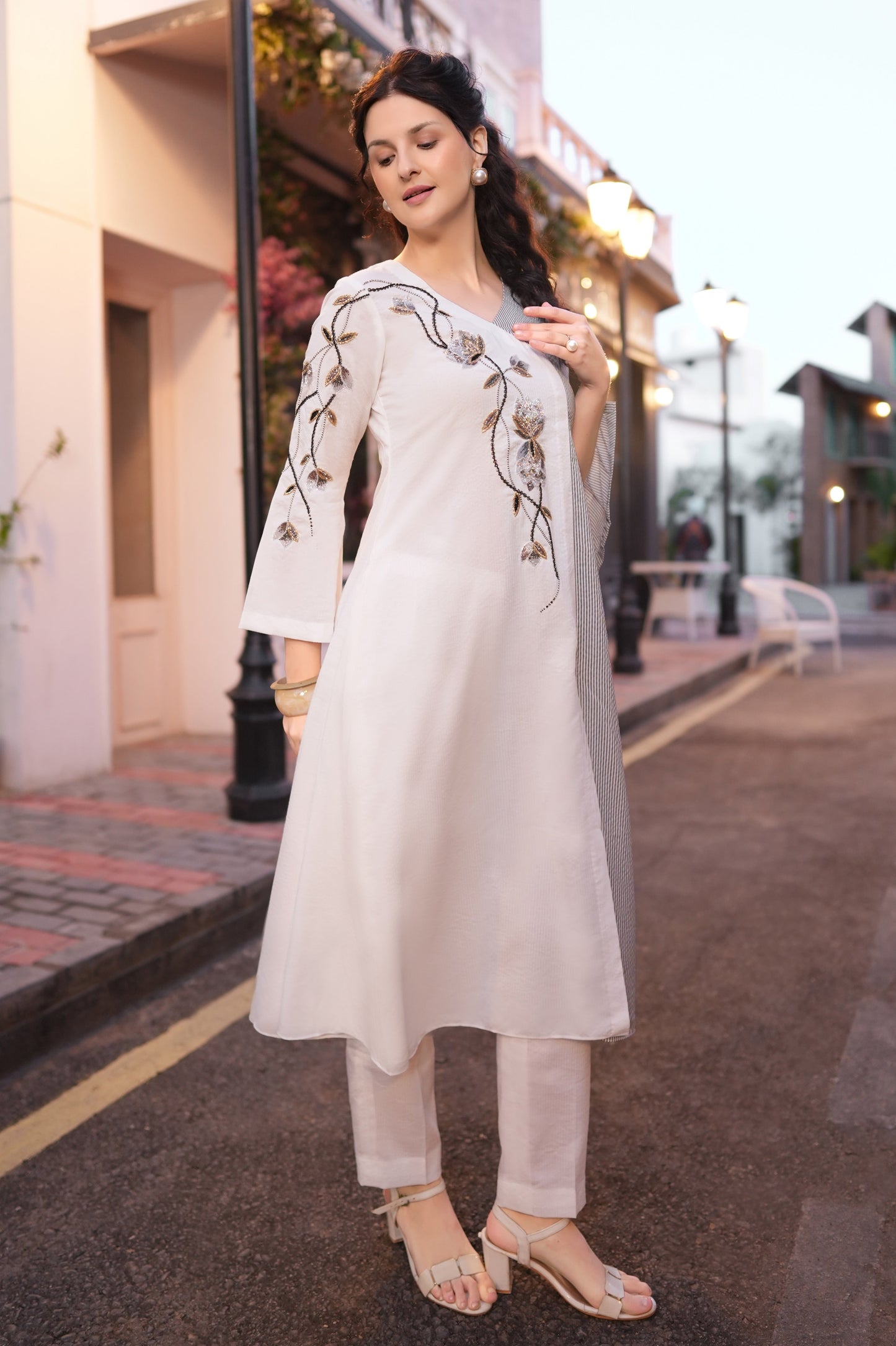 Tulips Striped Kurta Set - WHITE/GREY