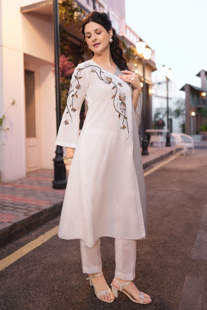 Tulips Striped Kurta Set - WHITE/GREY