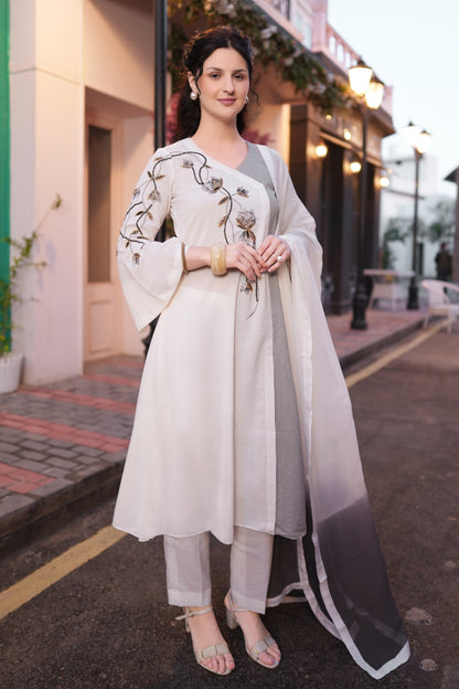 Tulips Striped Kurta Set - WHITE/GREY
