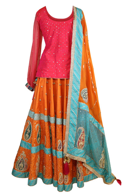 Hot Pink & Orange Raw Silk Lehnga
