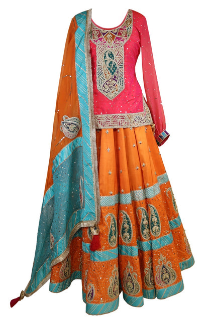 Hot Pink & Orange Raw Silk Lehnga