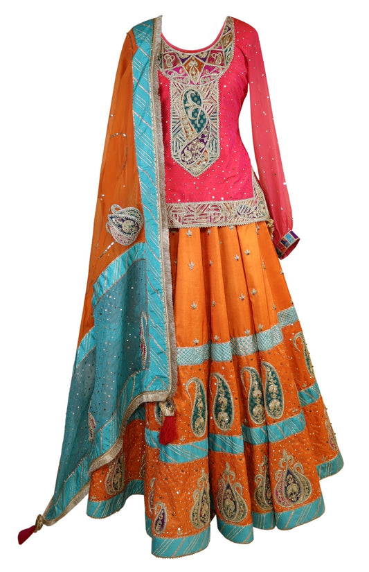 Hot Pink & Orange Raw Silk Lehnga
