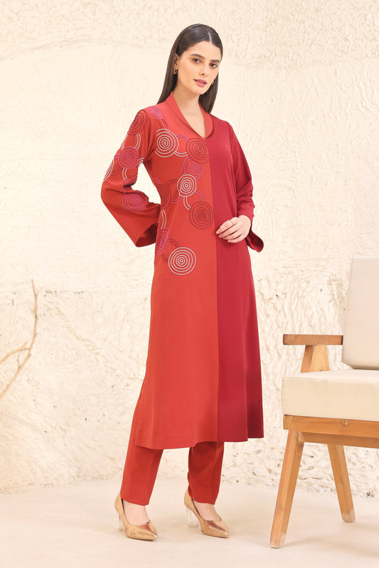 Hypnotic Dual Tone Kurta Set - RUST/RED