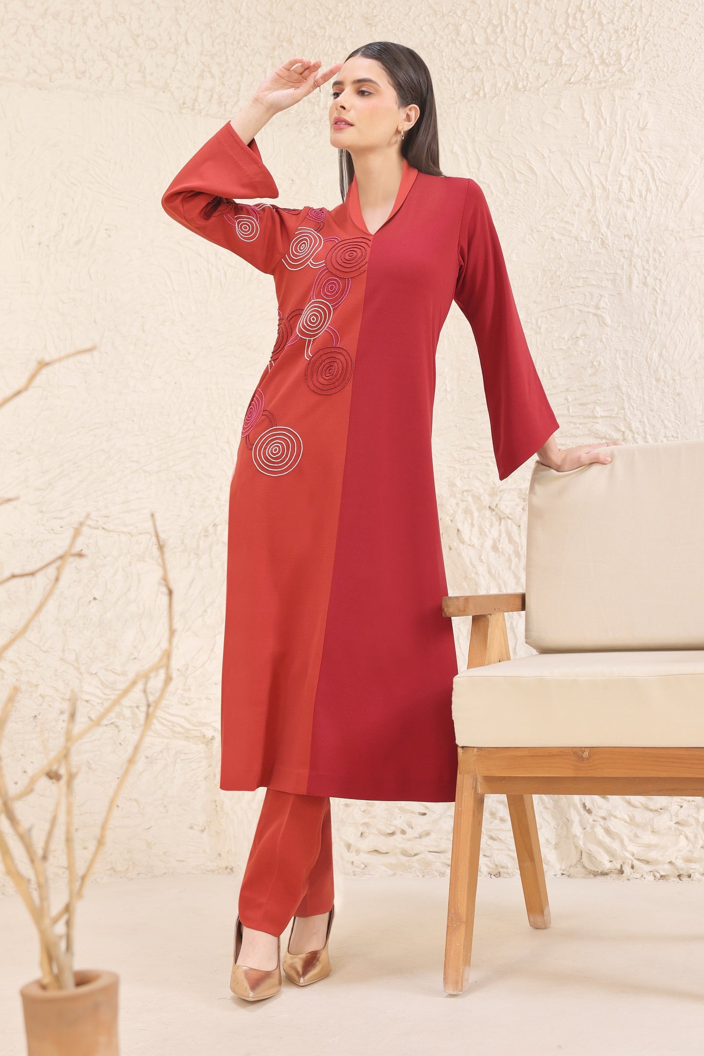 Hypnotic Dual Tone Kurta Set - RUST/RED