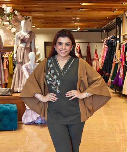 3D Leaves Embroidery Cape Top -OLIVE