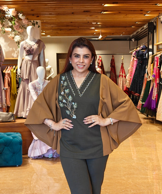 3D Leaves Embroidery Cape Top -OLIVE