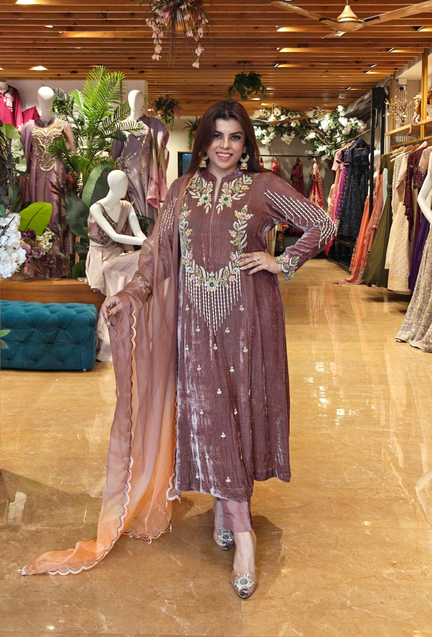 Pearl Cascade Silk Velvet Suit - MOCHA