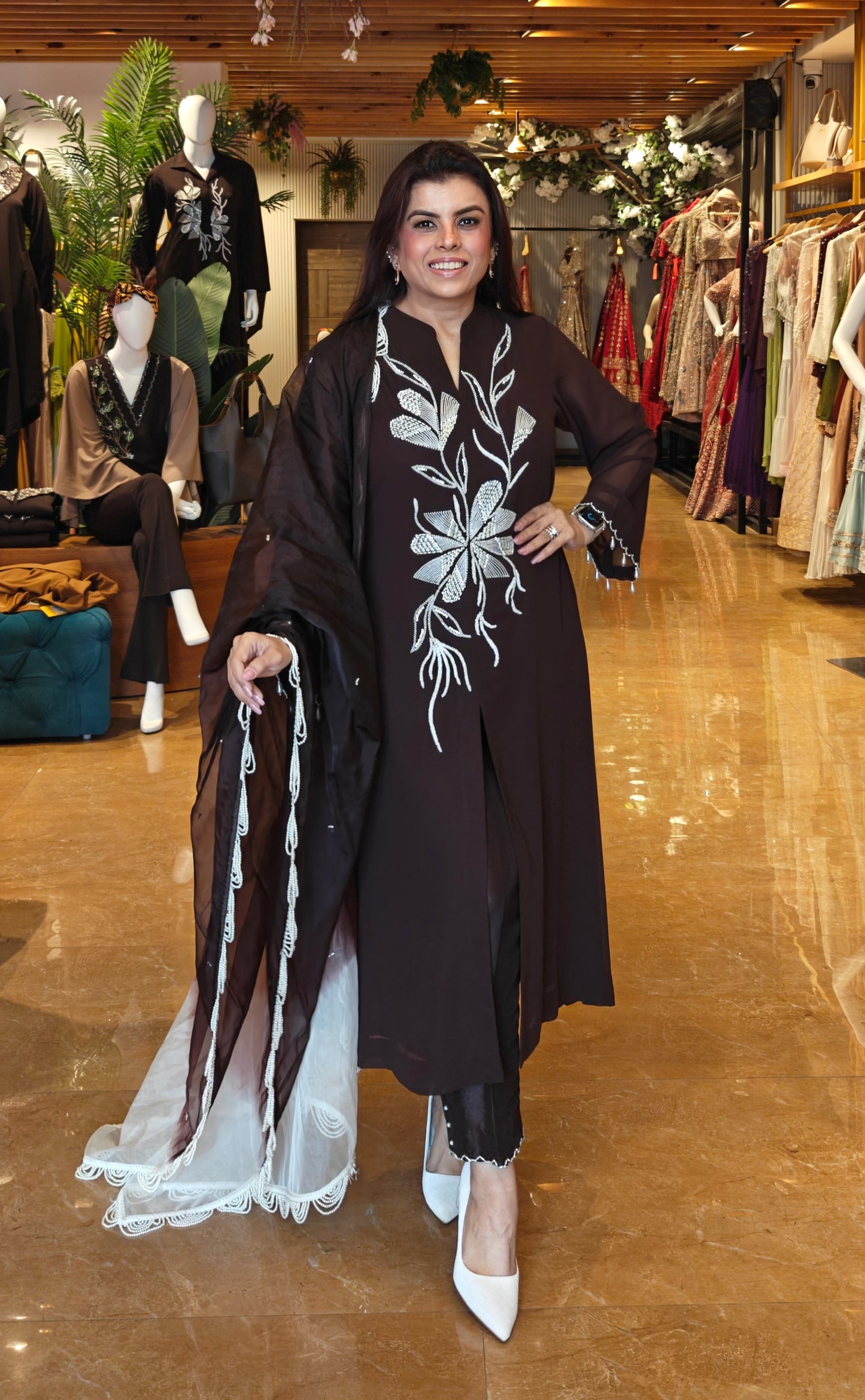 Seed Pearl Georgette Achkan Suit - BROWN