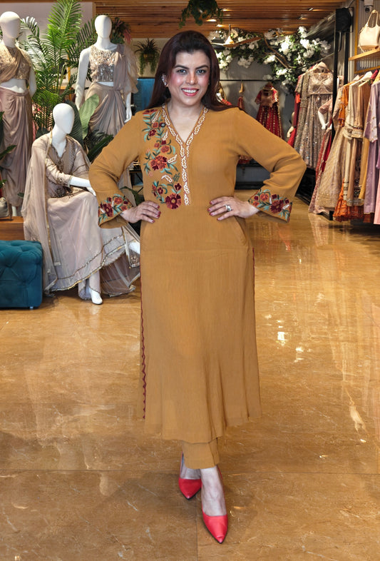 Kashmiri Embroidery A-line Kurta Set - MUSTARD