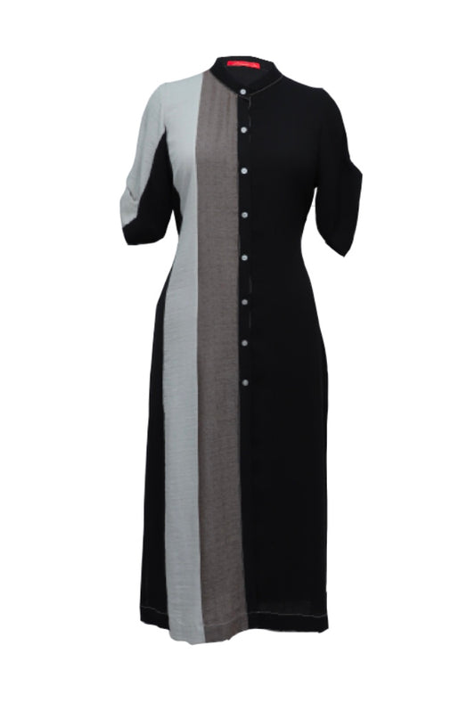 Black Colour Block Linen Shirt Kurta