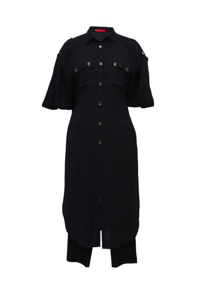 Black Linen Shirt Dress With Embroidered Pants