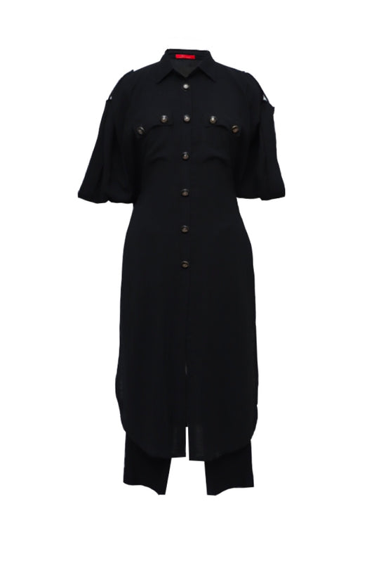Black Linen Shirt Dress With Embroidered Pants