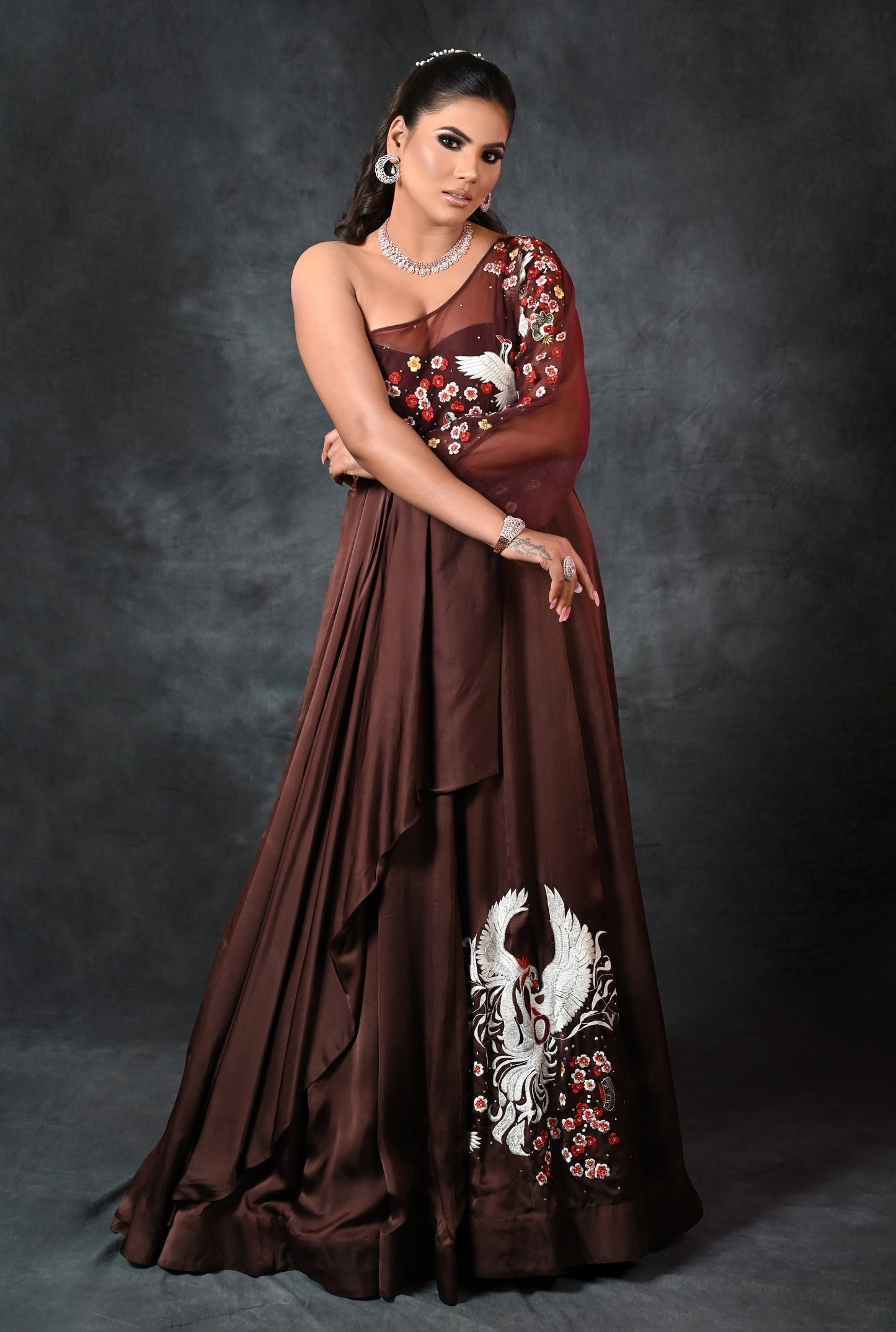 Chocolate Brown Off-Shoulder Gown