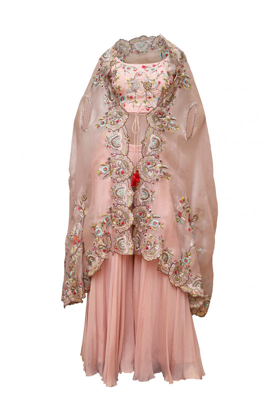 Blush Crop Top With Sharara And Cape