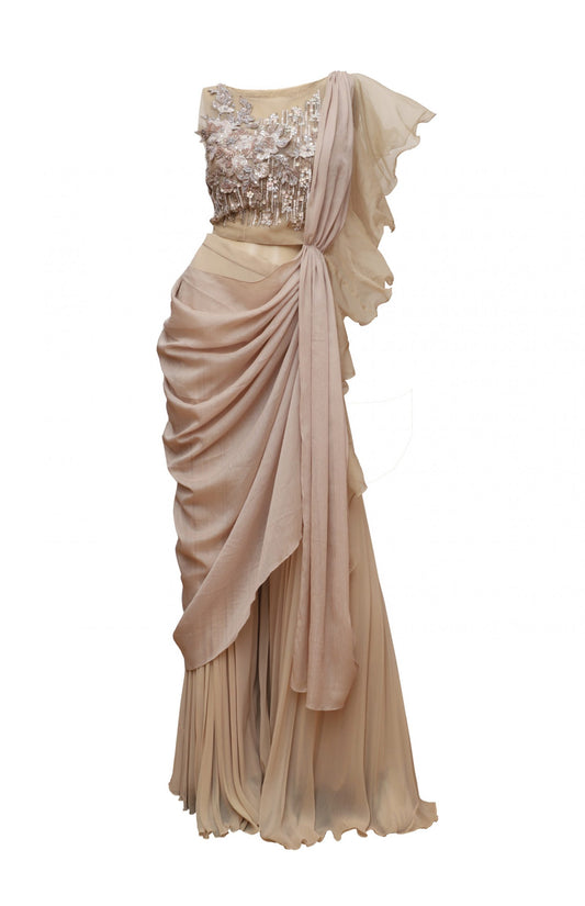 Beige Draped Sharara Saree