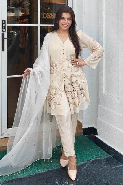 Short Anarkali With Nalki Embroidery - CREME